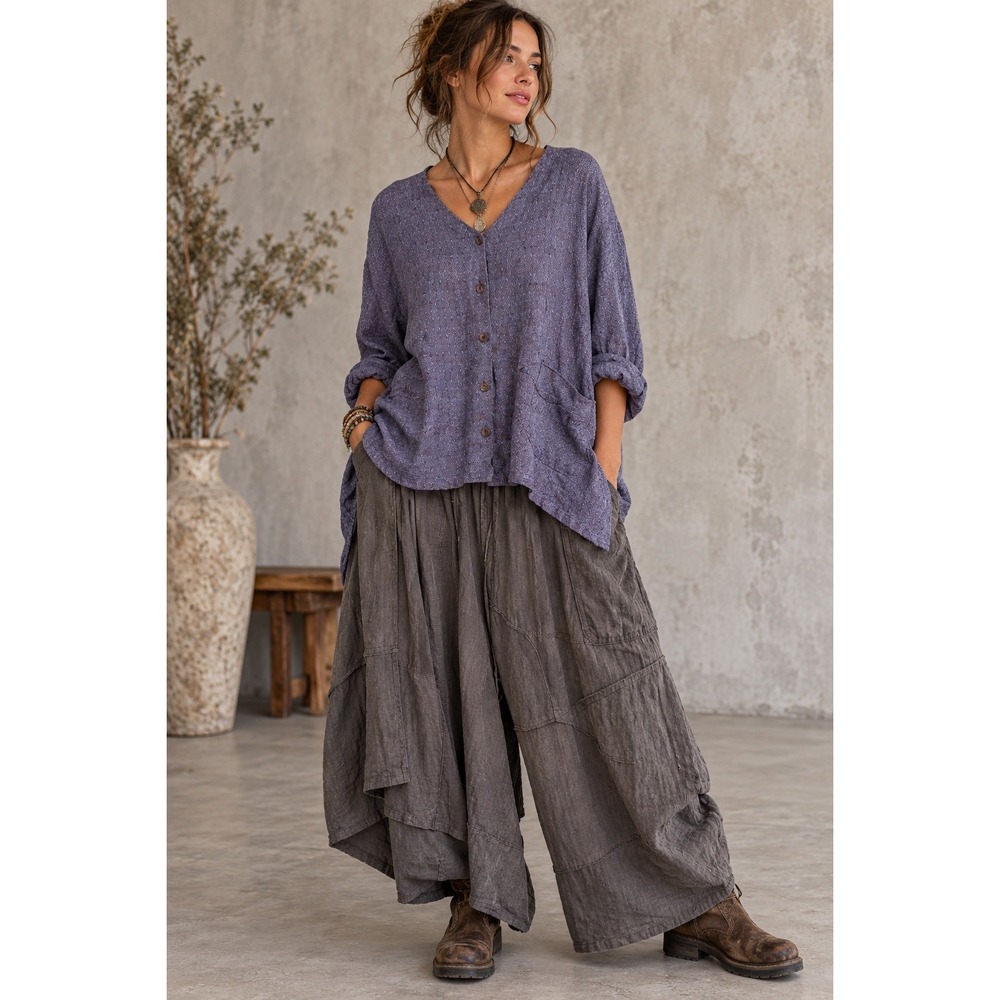 FLAX Button Down Cardigan 100% Linen Top Purple Lagenlook Coastal Women Medium